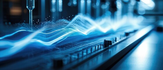 Abstract Blue Light Waves on a Futuristic Technology Surface