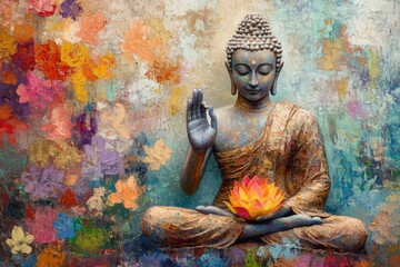 Buddha holding colorful lotus flower, oil painting