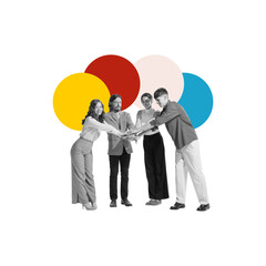 Four people stacking hands together in sign of teamwork and unity. Powerful representation of...