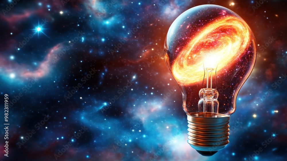 Poster a light bulb containing a swirling galaxy, symbolizing the fusion of technology and the universe’s m