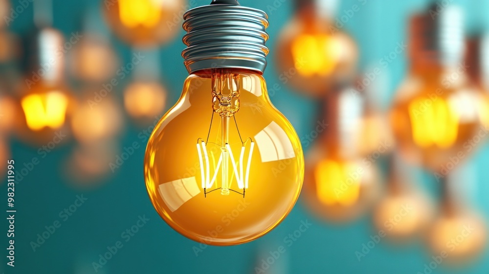 Poster a glowing light bulb hangs against a vibrant blue background, surrounded by soft-focus illuminated b