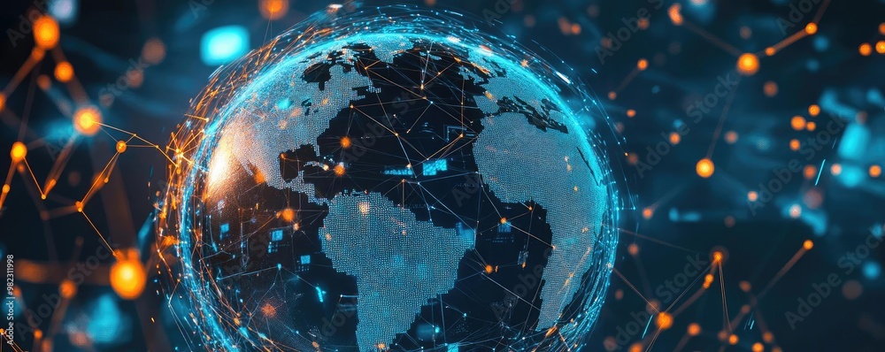 Poster a digital globe concept with glowing connections, illustrating global communication and technology i