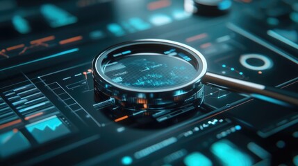 A sleek magnifying glass resting on a digital interface featuring charts and data, ideal for technology and analysis themes.