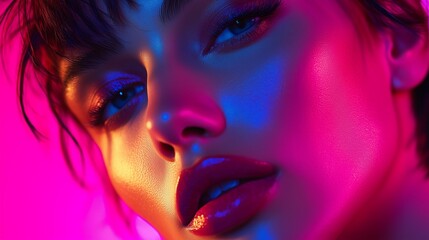 Vibrant beauty portrait showcasing striking colors and lighting effects in a close-up shot featuring a model with expressive features