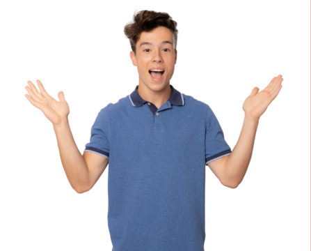 Young handsome man looking happy and excited, shocked with an unexpected surprise with both hands open next to face over transparent background.