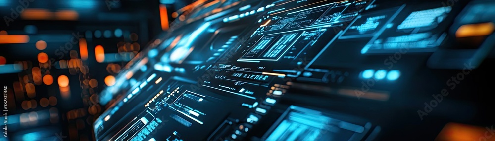 Poster futuristic technology interface with glowing data elements and vibrant colors, showcasing digital in
