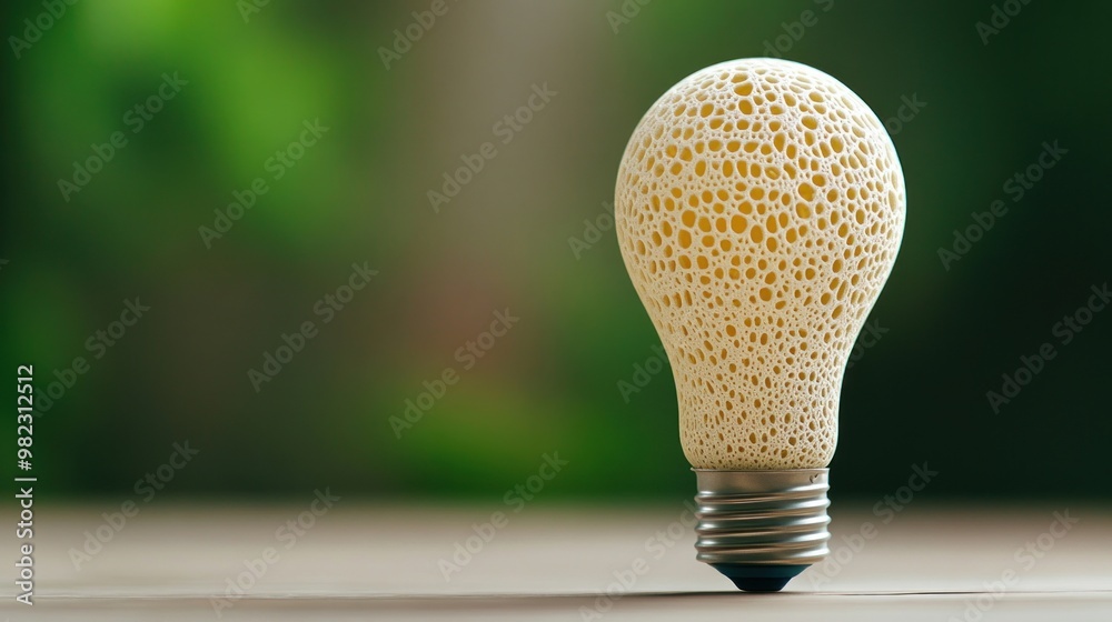 Poster a unique light bulb with a textured surface, creatively designed, set against a blurred green backgr