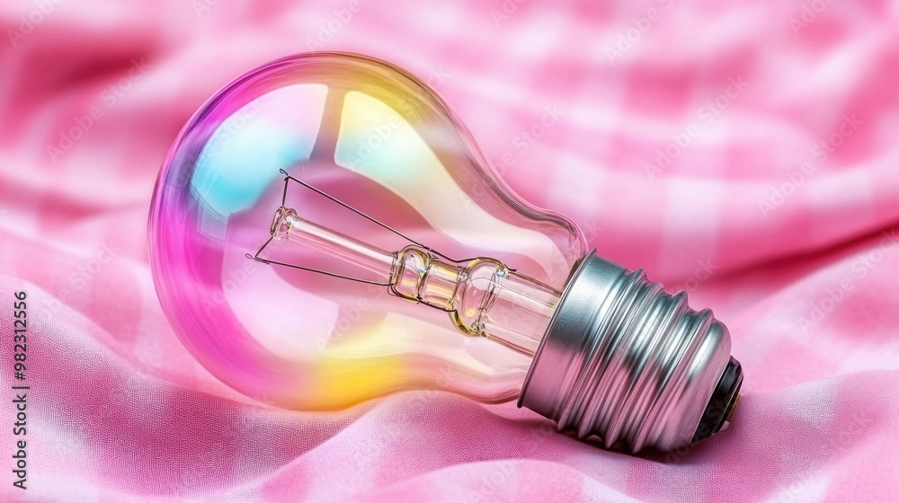 Poster a colorful light bulb rests on soft pink fabric, showcasing a blend of style and creativity.