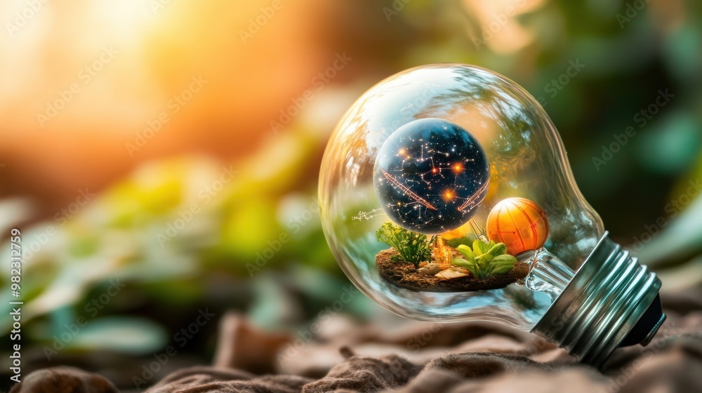 Poster a miniature world within a lightbulb, featuring planets and greenery, symbolizes creativity and the 