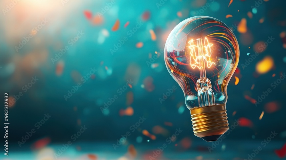 Poster a glowing light bulb surrounded by colorful particles, symbolizing creativity and innovation in a vi