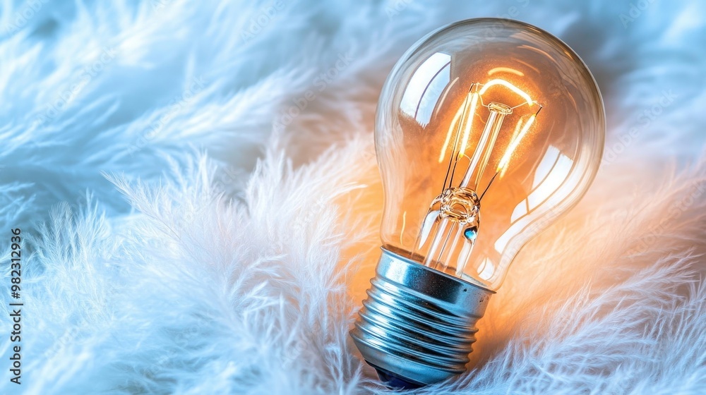 Poster a glowing light bulb rests atop fluffy white material, creating a cozy, inviting atmosphere with war