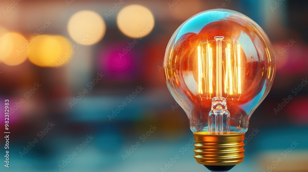 Aufkleber a glowing light bulb with visible filaments, set against a colorful background, creating a warm and 