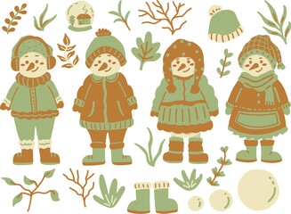 cute vector flat illustration of Christmas cozy warm snowman, seamless pattern design