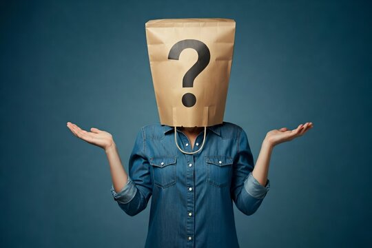 Person wearing a paper bag with a question mark on it over their head, standing against a blue background, with arms raised in a questioning gesture.