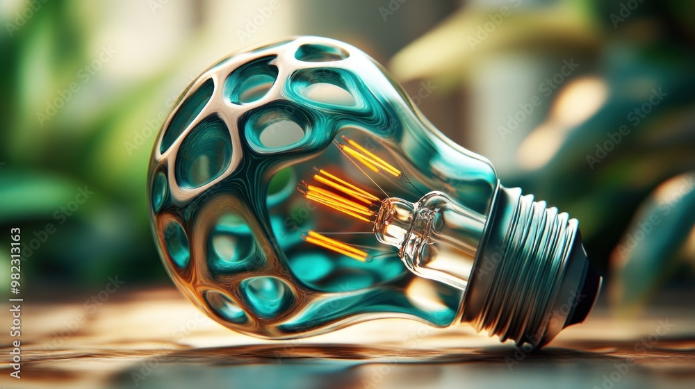 Poster a unique, artistic light bulb with an intricate design, illuminated against a blurred green backgrou
