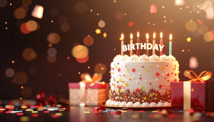 Birthday Cake with Candles and Confetti