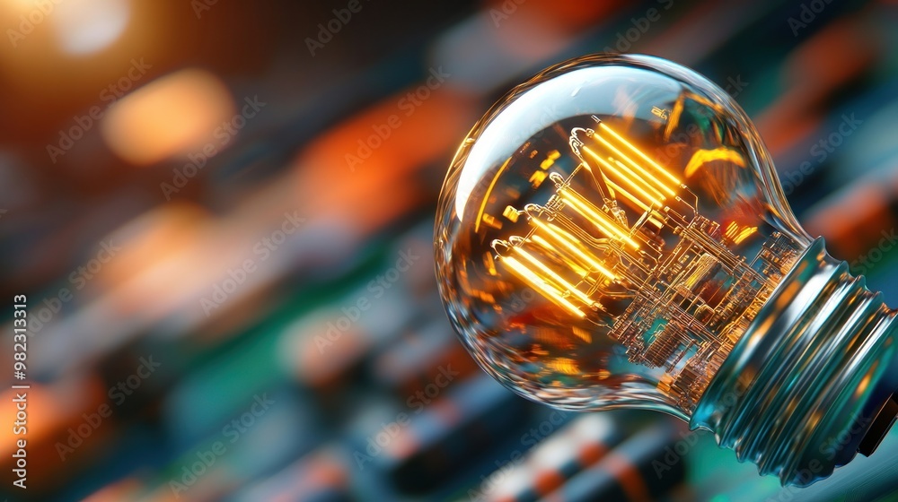 Poster a close-up of a glowing light bulb showcasing its intricate filament against a blurred electronic ci