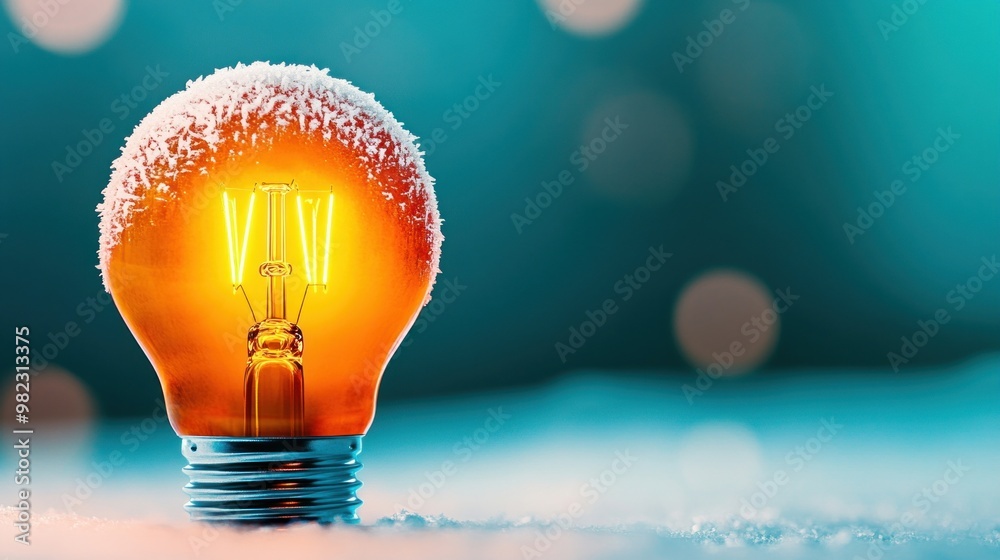 Poster a glowing light bulb with a frosty top emits a warm glow against a blurred blue background, creating