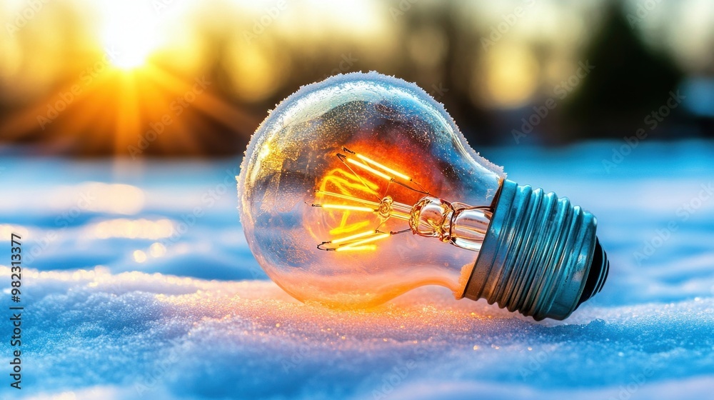 Poster A glowing light bulb rests on the snow, illuminated by warm sunlight in the background, creating a striking contrast between nature and artificial light.