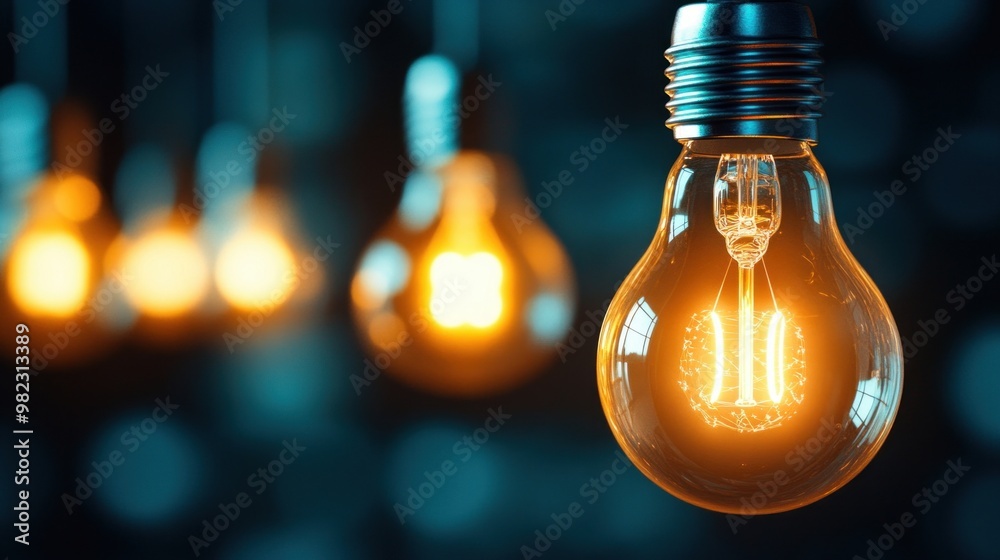 Poster a close-up of glowing light bulbs with a warm amber hue, creating a cozy atmosphere against a blurre