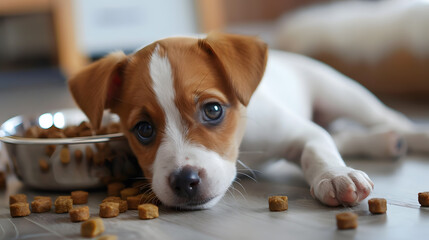 A small cute Jack Russell puppy near a bowl of food. AI Generated