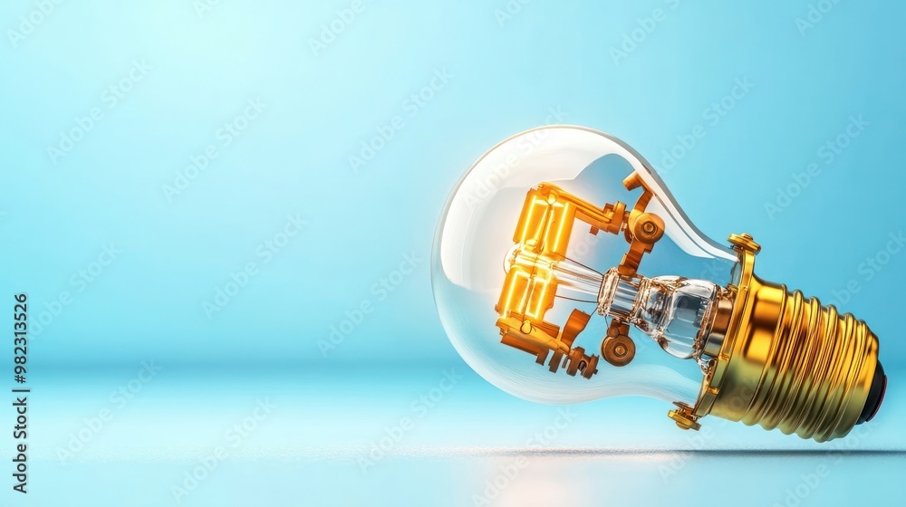 Poster A light bulb with intricate internal components, showcasing a blend of technology and design against a blue background, emphasizing innovation and creativity.