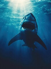 Naklejka premium Mighty white shark with an open mouth above surrounded by rays of sunlight
