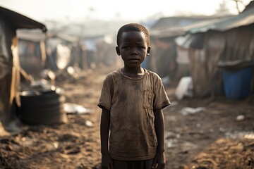 A young black African boy stands in a dusty urban slum with uncertainty