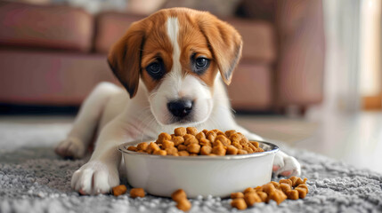 A small cute Jack Russell puppy near a bowl of food. AI Generated