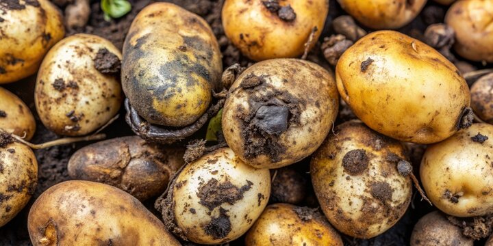 Infected potato tubers exhibiting blackleg, soft rot, scab, and late blight symptoms, with mushrooms and fungal growth.