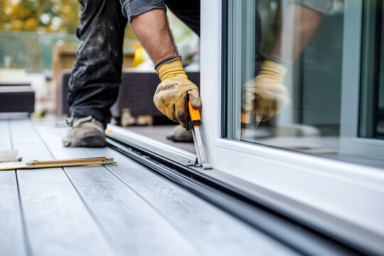 Close-up of a professional installing a sliding glass door on a modern deck, ensuring smooth functionality and precision