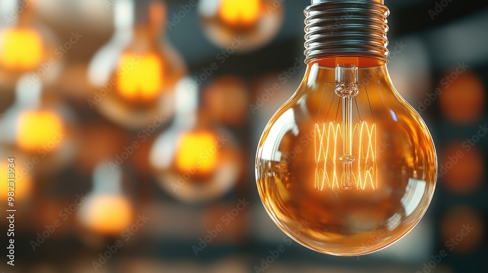 Poster A close-up of a glowing light bulb with a warm orange hue, surrounded by softly illuminated bulbs, creating an inviting atmosphere.