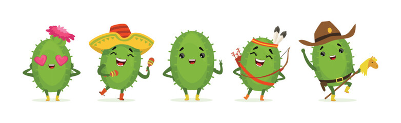 Green Cactus Funny Character Engaged in Different Activity Vector Set