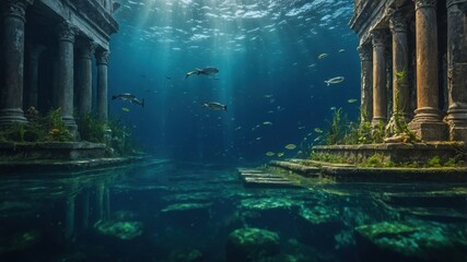 The underwater city of Atlantis reveals its grandeur through ancient ruins now beneath the sea