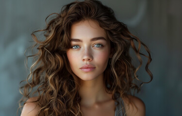 Fototapeta premium Natural glam woman with long wavy hair. Model with curly hairstyle and healthy skin. Beauty, hairstyle, makeup and cosmetics