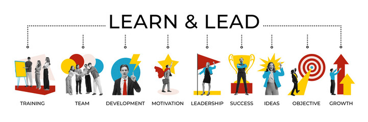 Learn and lead banner featuring training, team, development, motivation, leadership, success, ideas, objectives and growth. Contemporary art collage. Concept of business, growth. Infographics