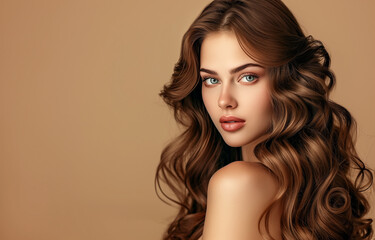 Fototapeta premium Elegant fashion woman with elegance makeup, long shiny curly hairstyle and healthy skin against brown studio wall background