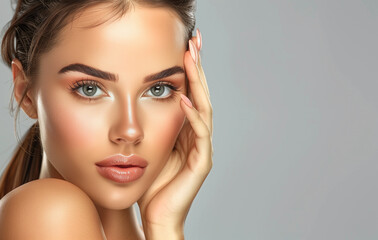 Fototapeta premium Nice young woman face with fresh smooth skin close-up against studio wall background, fashion beauty portrait