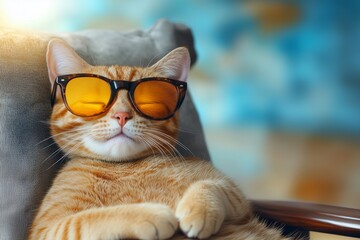 A cat wearing sunglasses relaxes and sits on a canvas chair