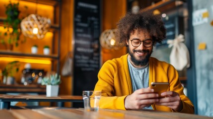Fototapeta premium Man Using Smartphone in a Cafe