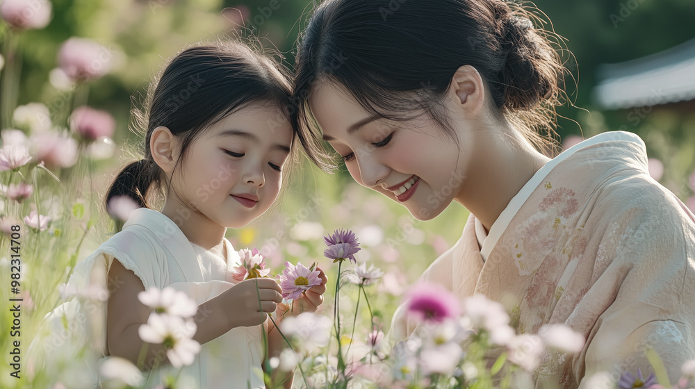 Sticker Japanese mother and daughter picking flowers together