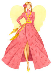 Watercolor fashion drawing. A girl in a long beautiful pink dress on the podium. Wings behind your back, feathers on your belt