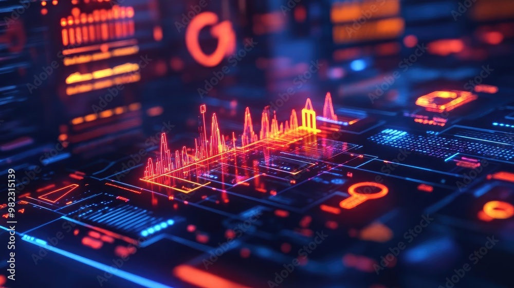 Poster Dynamic digital interface displaying vibrant data visualization with graphs and charts in stunning neon colors.