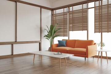 Japandi, minimalist interior design of modern living room. with orange sofa and blue pillow against mock up empty wall with copy space.