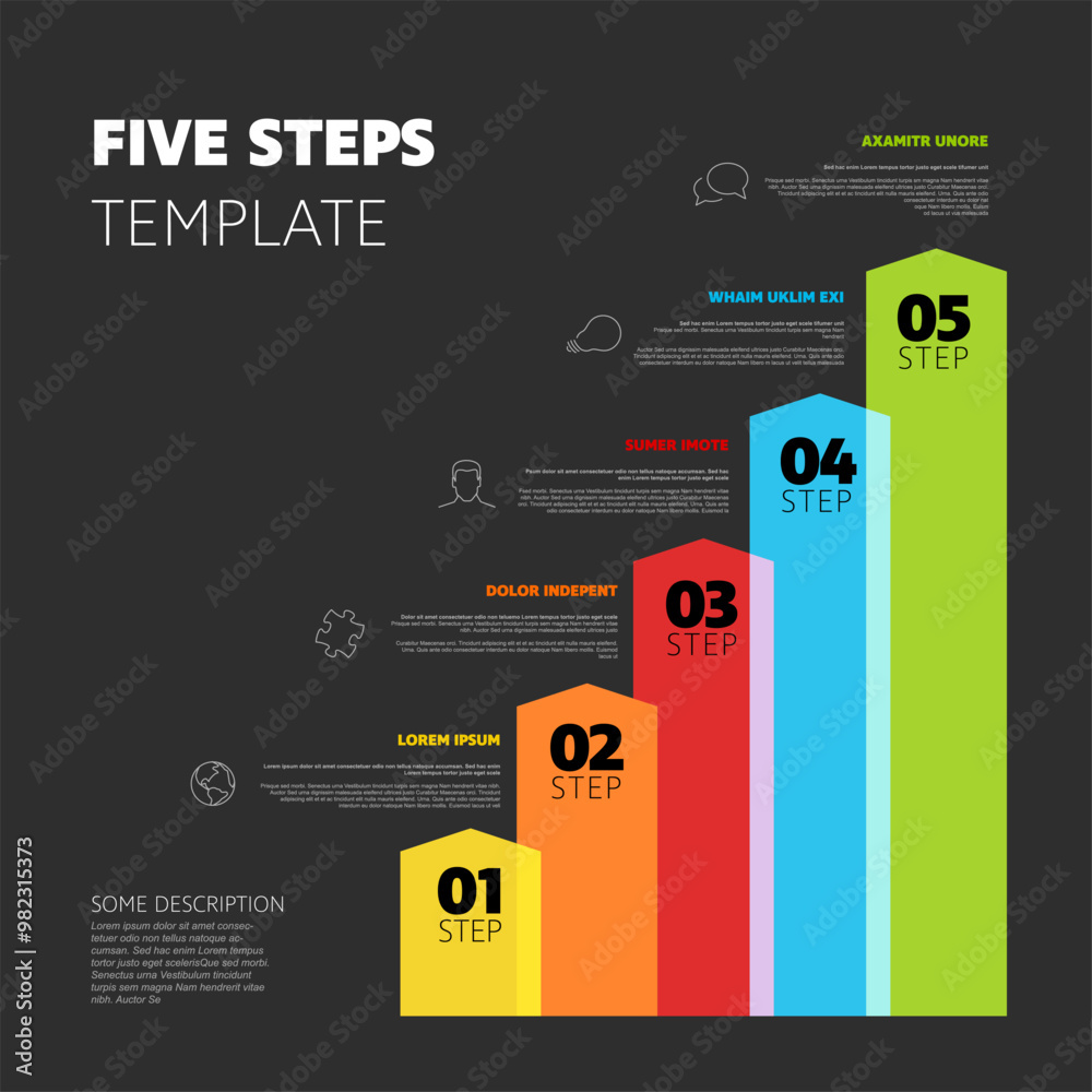 Poster five vertical steps progress procedure infochart template with descriptions icons titles and big num
