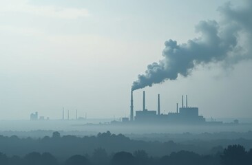 The background is a sky that looks grey and gloomy. Dust and smoke particles fly in the air, creating fog. Factories and plants can be seen on the horizon, polluting the atmosphere