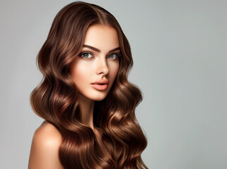 Fototapeta premium Female brunette model woman with long curly hair. Young adult woman with hairstyle wavy curls. Fashion, beauty and makeup concept