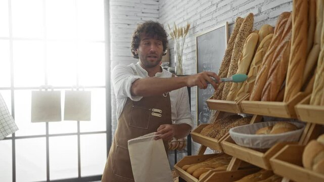 Young man wearing apron pointing at baguettes in bakery shop with bread display and rustic interior