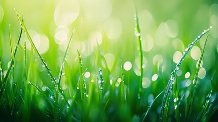 Fototapeta premium Dewdrops on Green Blades of Grass with Blurred Background