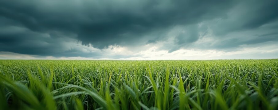 Intense rainstorm in an open field, wind bending tall grass, dark clouds rolling across the sky, moody atmosphere, storm, rural landscape